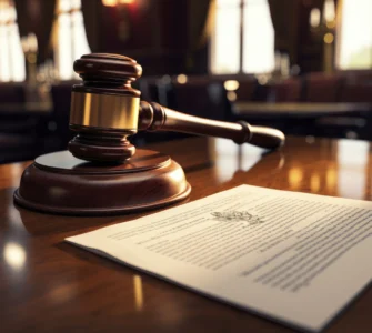 Um martelo de juiz de madeira e metal dourado repousa sobre uma mesa de madeira polida, ao lado de um documento legal.