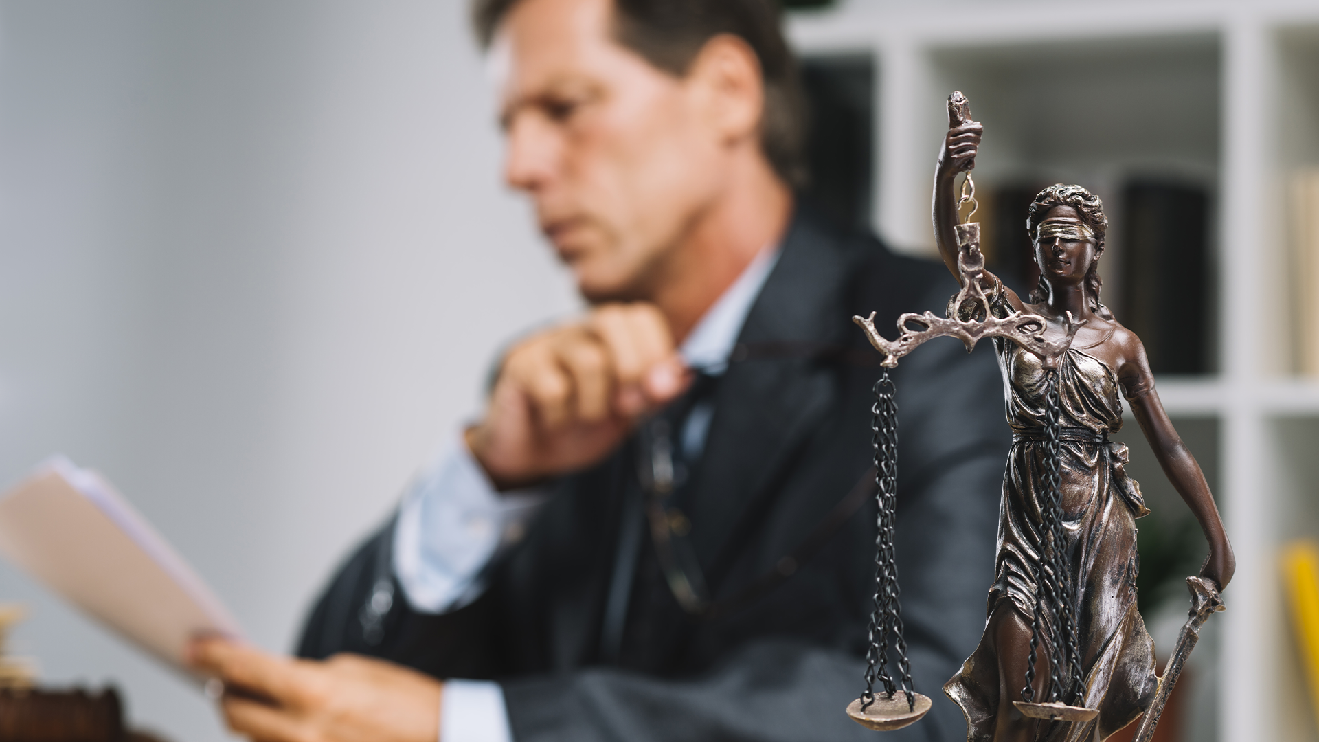 Estátua da justiça (Têmis) em primeiro plano, com um homem de terno desfocado lendo documentos ao fundo.