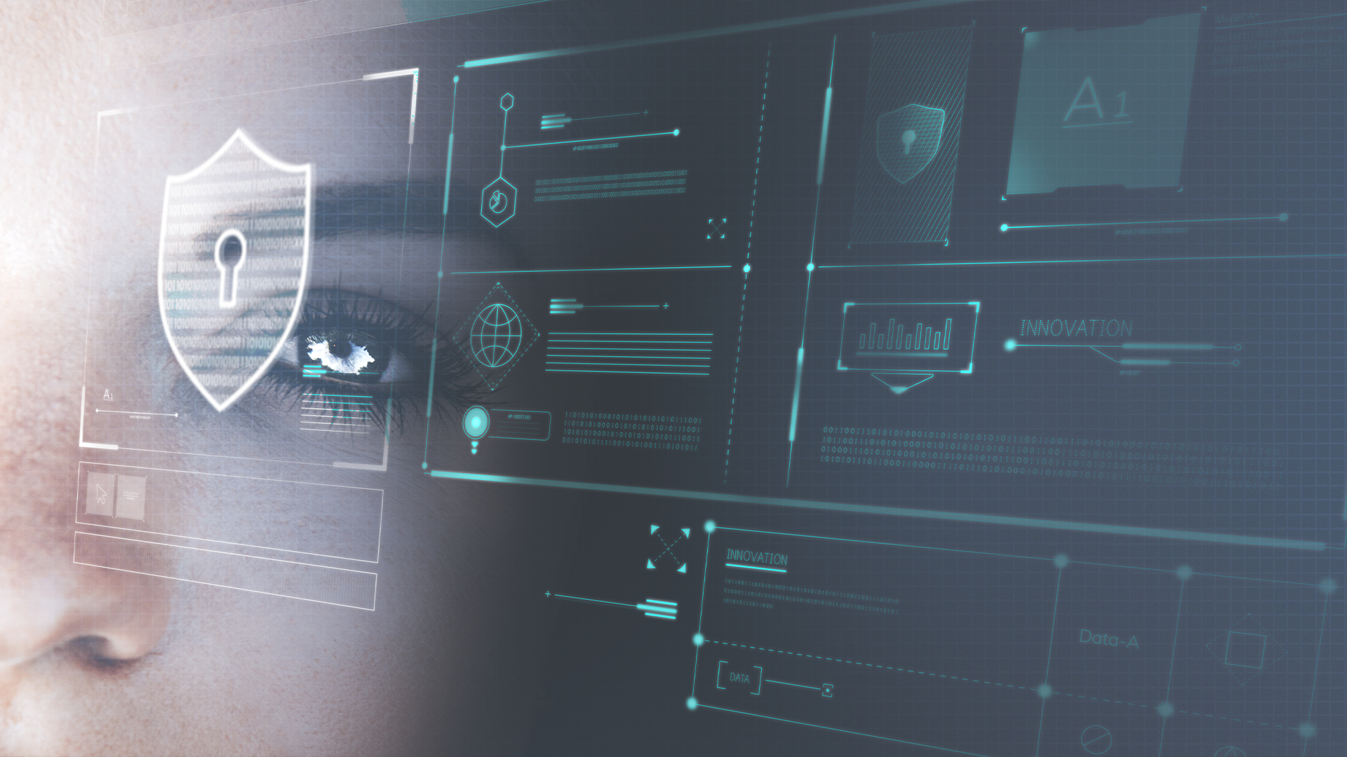 Close-up de um olho humano com uma sobreposição de interface digital, exibindo gráficos e um ícone de segurança.