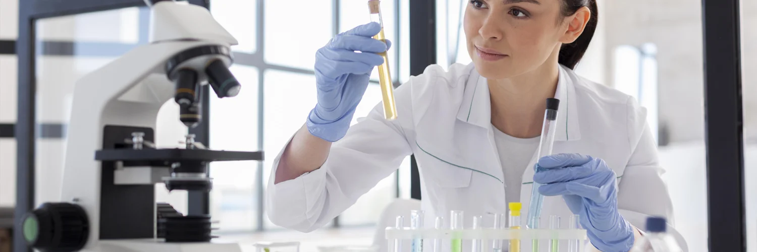 Pesquisadora analisa amostras em tubos de ensaio em laboratório, com luvas e microscópio ao lado.