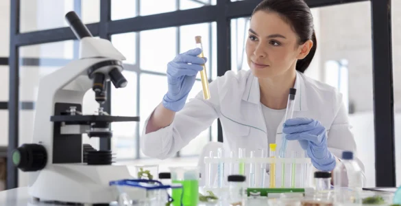 Pesquisadora analisa amostras em tubos de ensaio em laboratório, com luvas e microscópio ao lado.