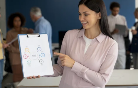 Mulher sorridente aponta para gráfico em prancheta, com equipe ao fundo em ambiente corporativo.