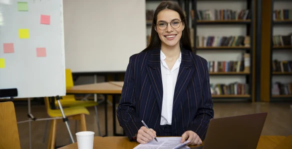Uma mulher sorridente com óculos e blazer, sentada em uma mesa, escrevendo em papéis com um laptop ao lado.
