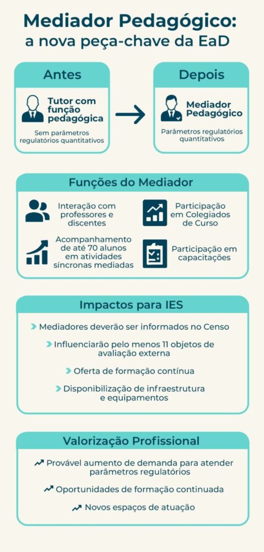 Infográfico sobre o mediador pedagógico na EaD, funções, impactos para IES e valorização profissional.