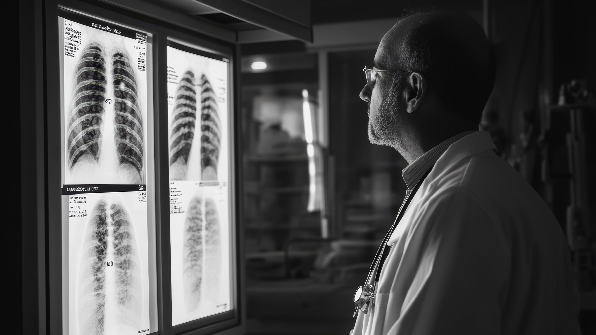 Médico observa radiografias de tórax iluminadas em painel, usando jaleco e estetoscópio no pescoço.