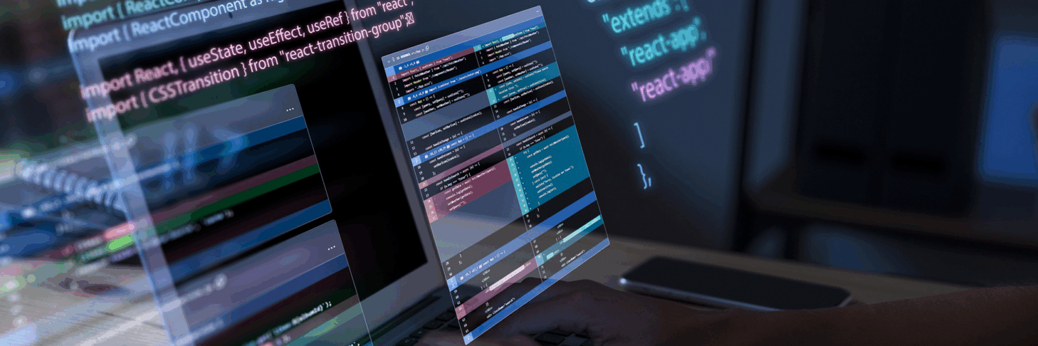 Pessoa programando em notebook com códigos em JavaScript e React projetados na tela em ambiente escuro.
