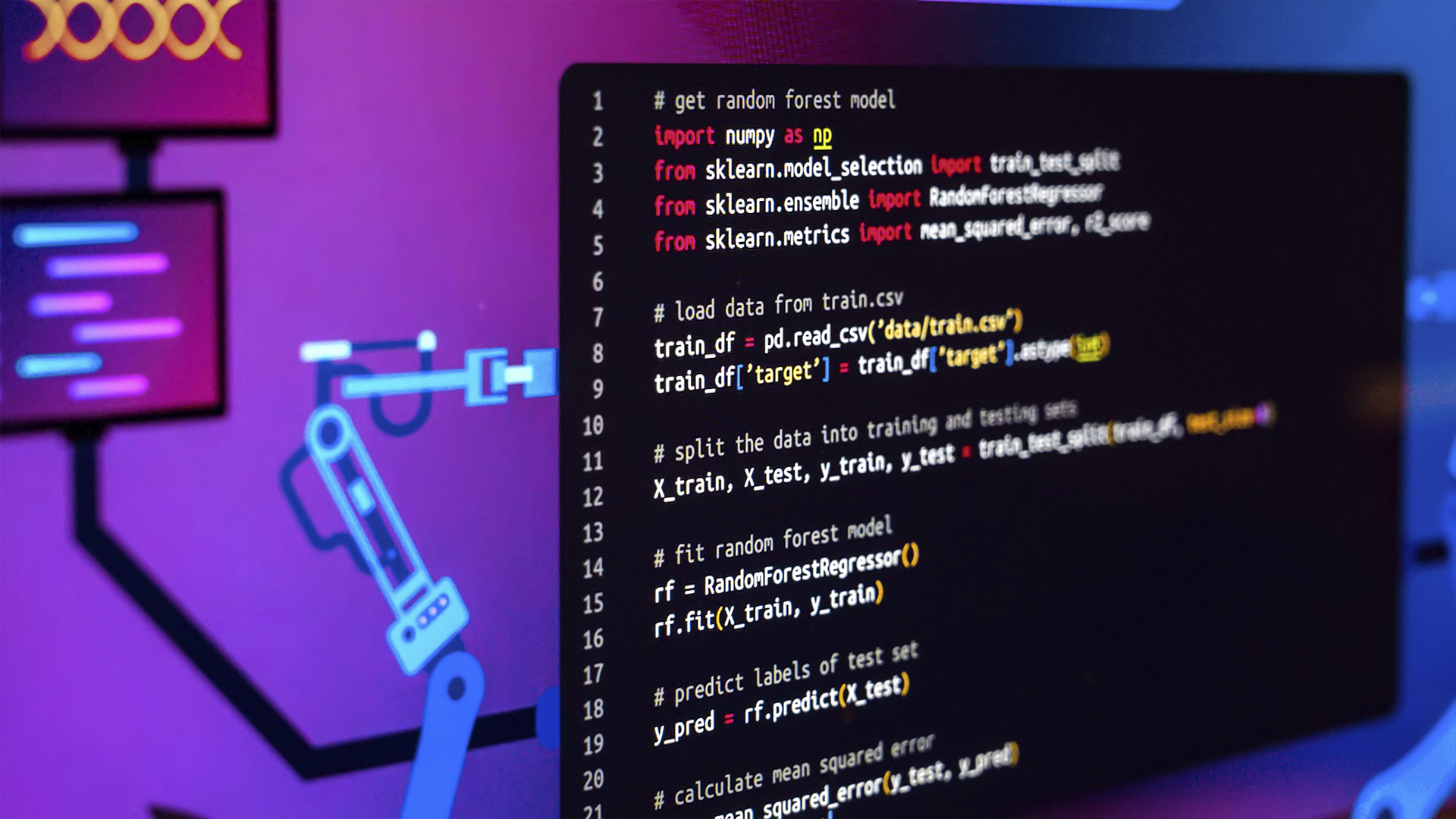 Tela com código em Python para machine learning usando Random Forest, ao lado de ilustração de robô em fundo roxo.