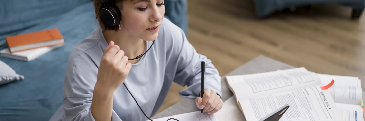 Estudante com fones de ouvido anota em caderno enquanto estuda online com livros abertos e notebook à frente.