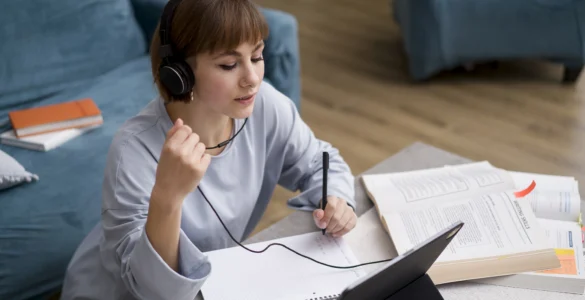 Estudante com fones de ouvido anota em caderno enquanto estuda online com livros abertos e notebook à frente.