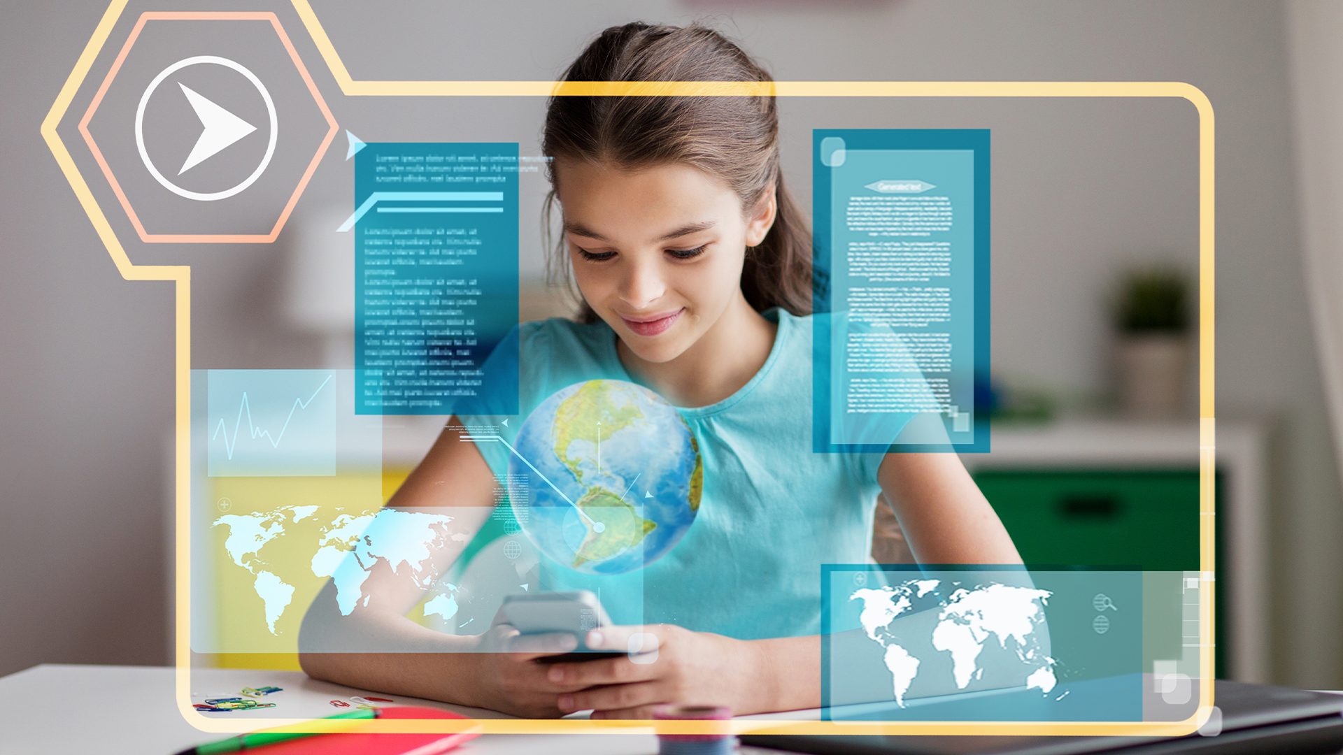 Uma menina concentrada interage com um smartphone, com projeções de texto, gráficos e um globo flutuando ao seu redor.