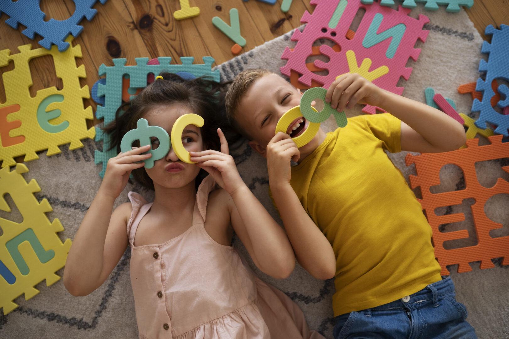 Crianças deitadas no tapete brincam com letras coloridas de EVA, sorrindo e se divertindo juntas.