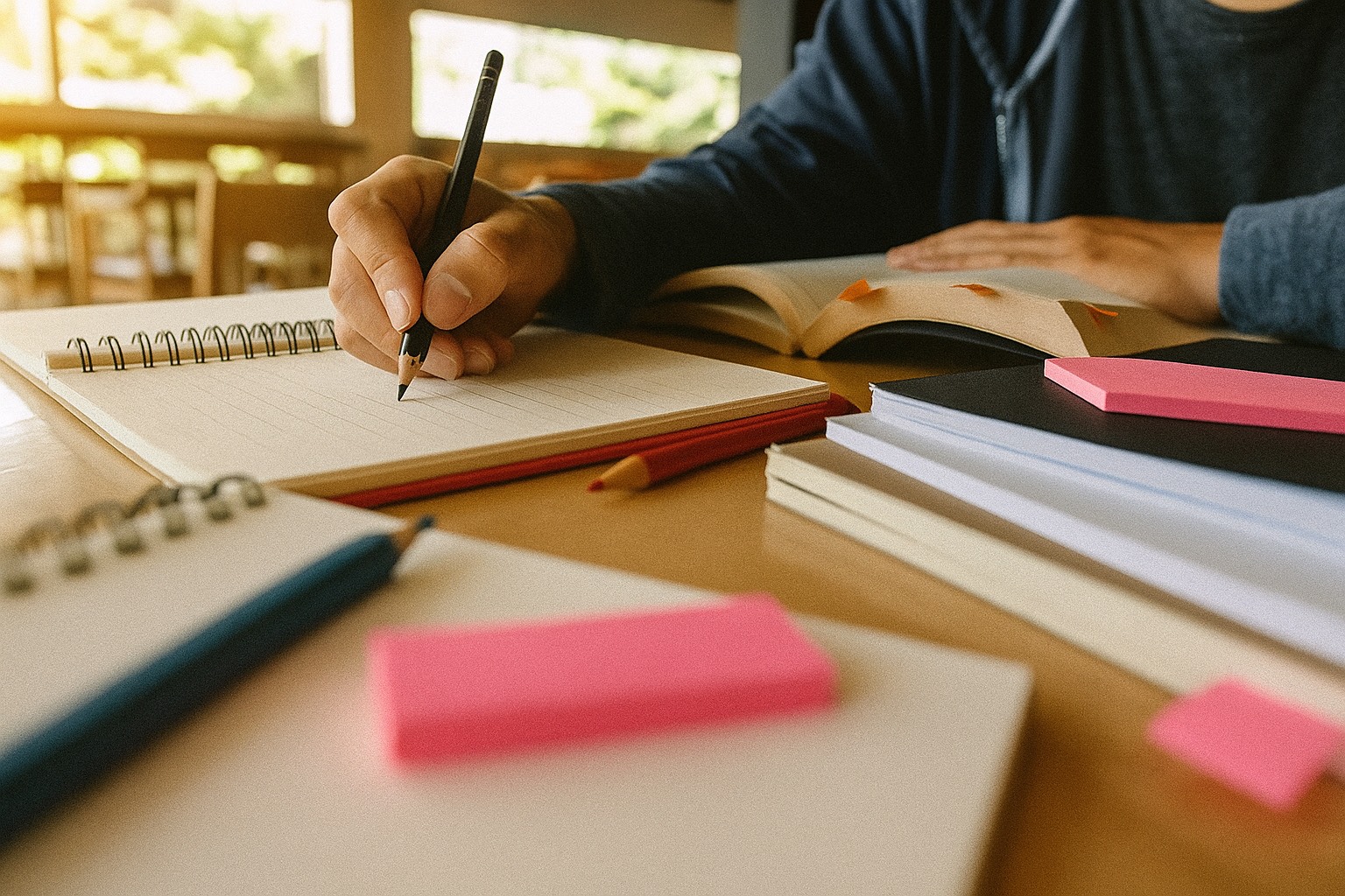 Close-up de estudante fazendo anotações de estudo em um caderno com espiral, usando um lápis, perto de livros, em um ambiente bem iluminado.
