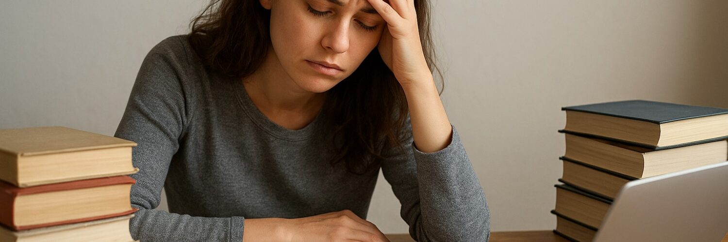 Jovem estudante sob pressão psicológica estudantes estuda com livros e laptop, com a mão na testa, parecendo estressada.