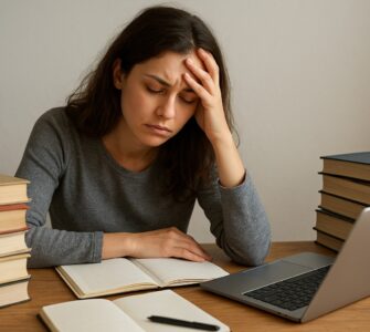 Jovem estudante sob pressão psicológica estudantes estuda com livros e laptop, com a mão na testa, parecendo estressada.