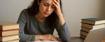 Jovem estudante sob pressão psicológica estudantes estuda com livros e laptop, com a mão na testa, parecendo estressada.