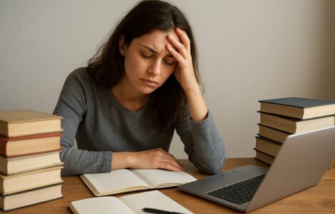 Jovem estudante sob pressão psicológica estudantes estuda com livros e laptop, com a mão na testa, parecendo estressada.