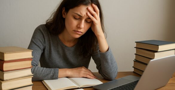 Jovem estudante sob pressão psicológica estudantes estuda com livros e laptop, com a mão na testa, parecendo estressada.