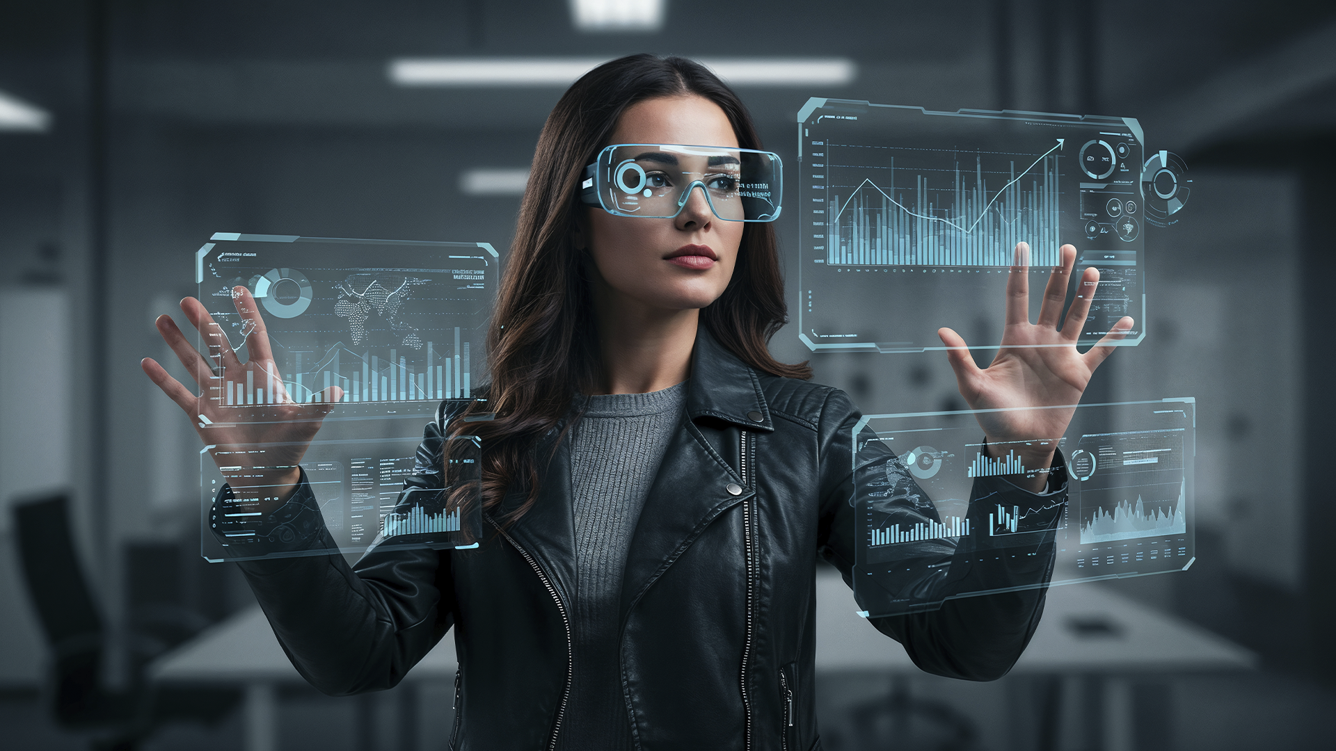 Mulher com óculos de RV interagindo com dados digitais e gráficos. Tecnologia, realidade virtual e análise de dados.