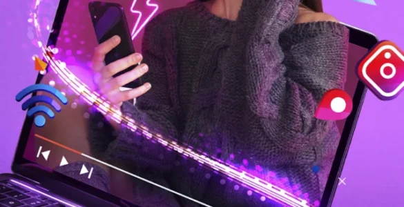 Mulher com fones de ouvido emerge de laptop, cercada por ícones de redes sociais e multimídia. Marketing digital e entretenimento.