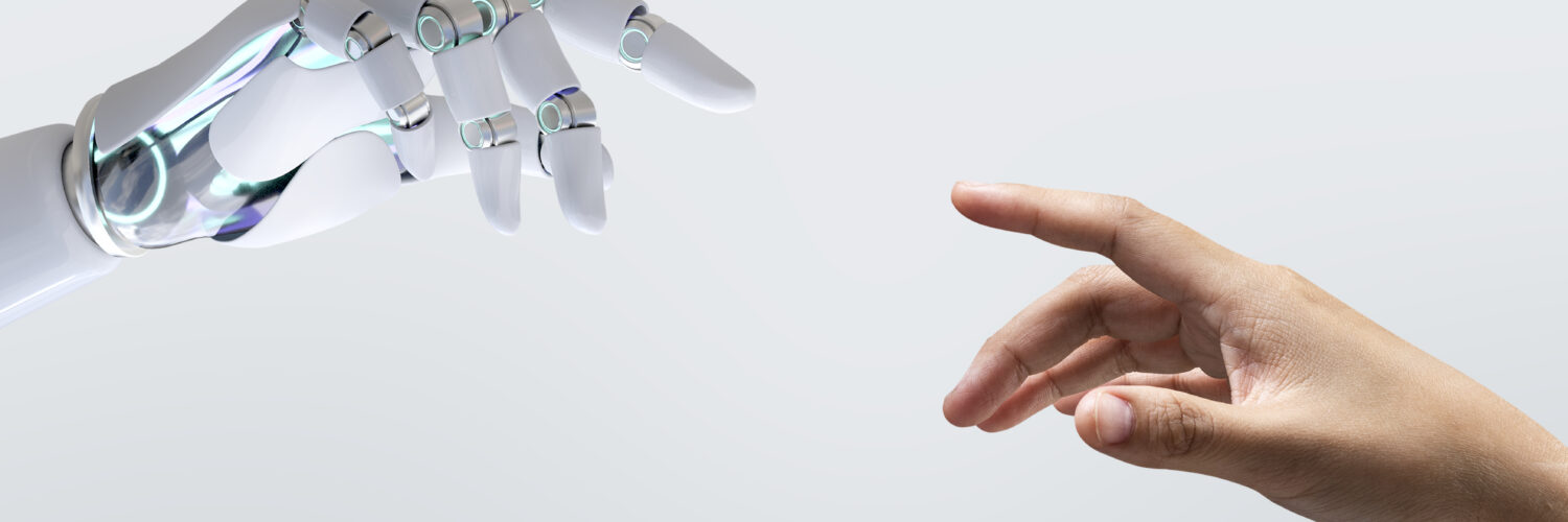 Mão robótica branca e mão humana se estendem. Representação de inteligência artificial e conexão entre homem e máquina.