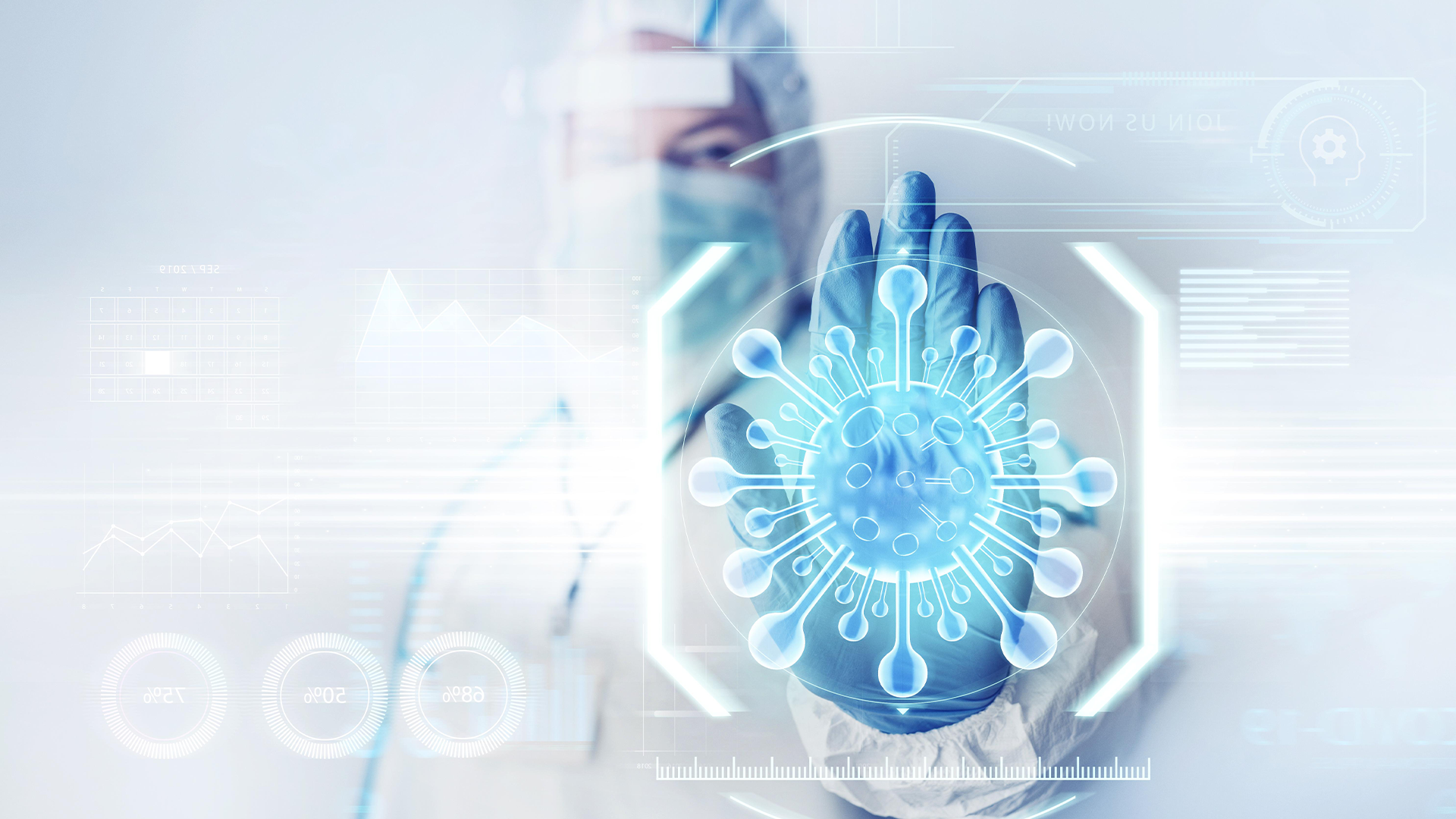 Imagem ilustrativa de um profissional de saúde usando luva e manipulando um holograma de um vírus, representando a luta contra doenças infecciosas e a importância da saúde.
