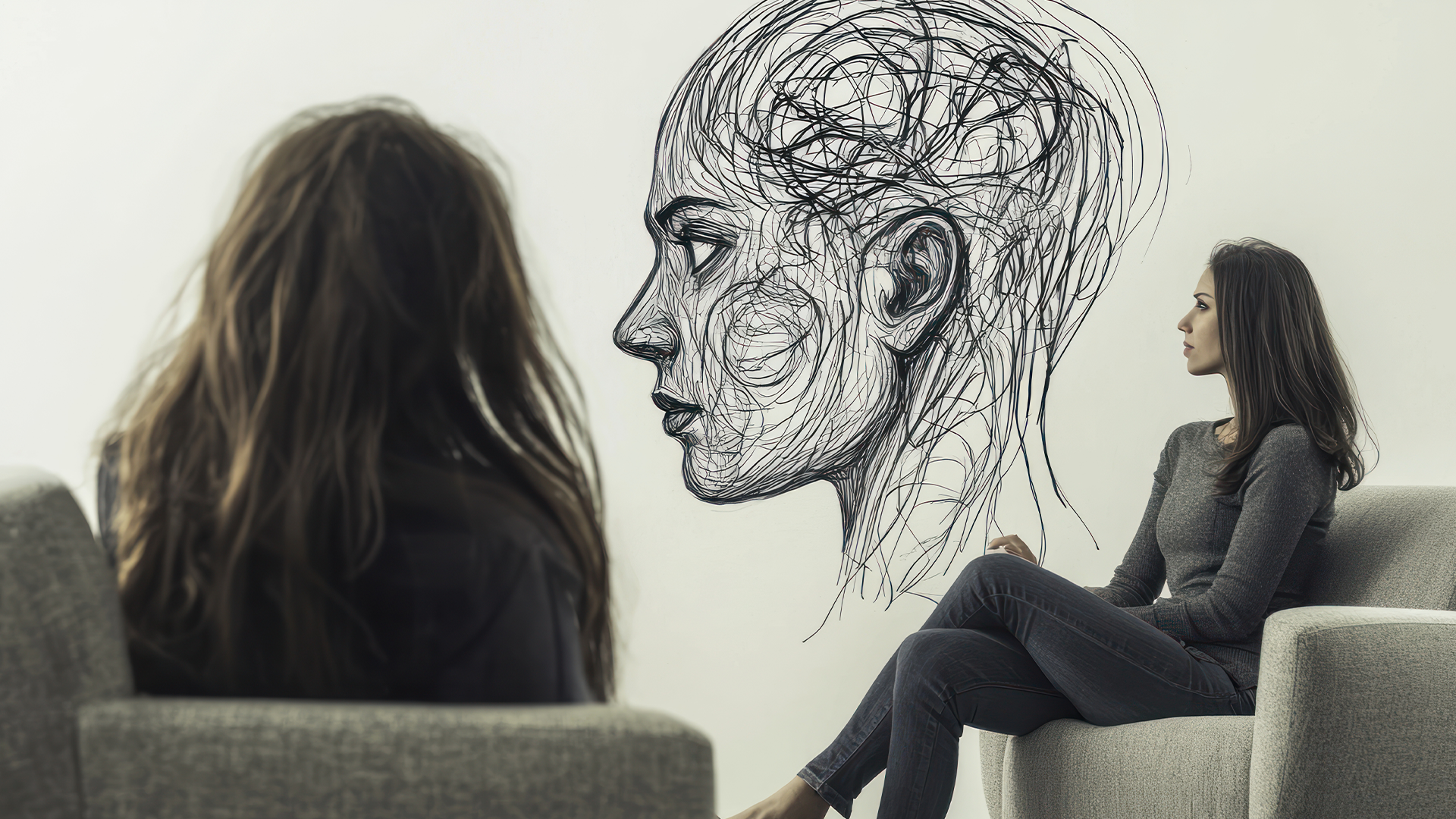 Duas mulheres conversando em um ambiente com uma arte de uma cabeça de mulher feita com linhas no fundo, destacando o tema de arte e criatividade.