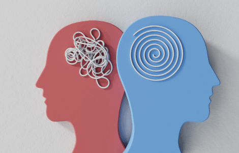 Imagem ilustrativa de dois perfis de cabeça, um com um nó representando confusão mental e o outro com um espiral indicando clareza mental, relacionada a saúde mental e psicologia.