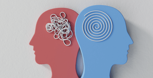 Imagem ilustrativa de dois perfis de cabeça, um com um nó representando confusão mental e o outro com um espiral indicando clareza mental, relacionada a saúde mental e psicologia.