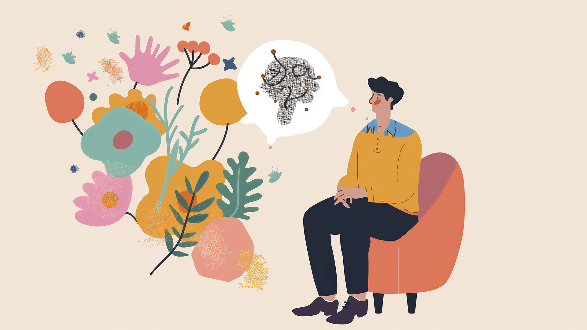 Ilustração de um homem sentado em uma cadeira, com um balão de fala contendo uma abelha com óculos, ao lado de flores coloridas e elementos decorativos, representando criatividade e relaxamento.