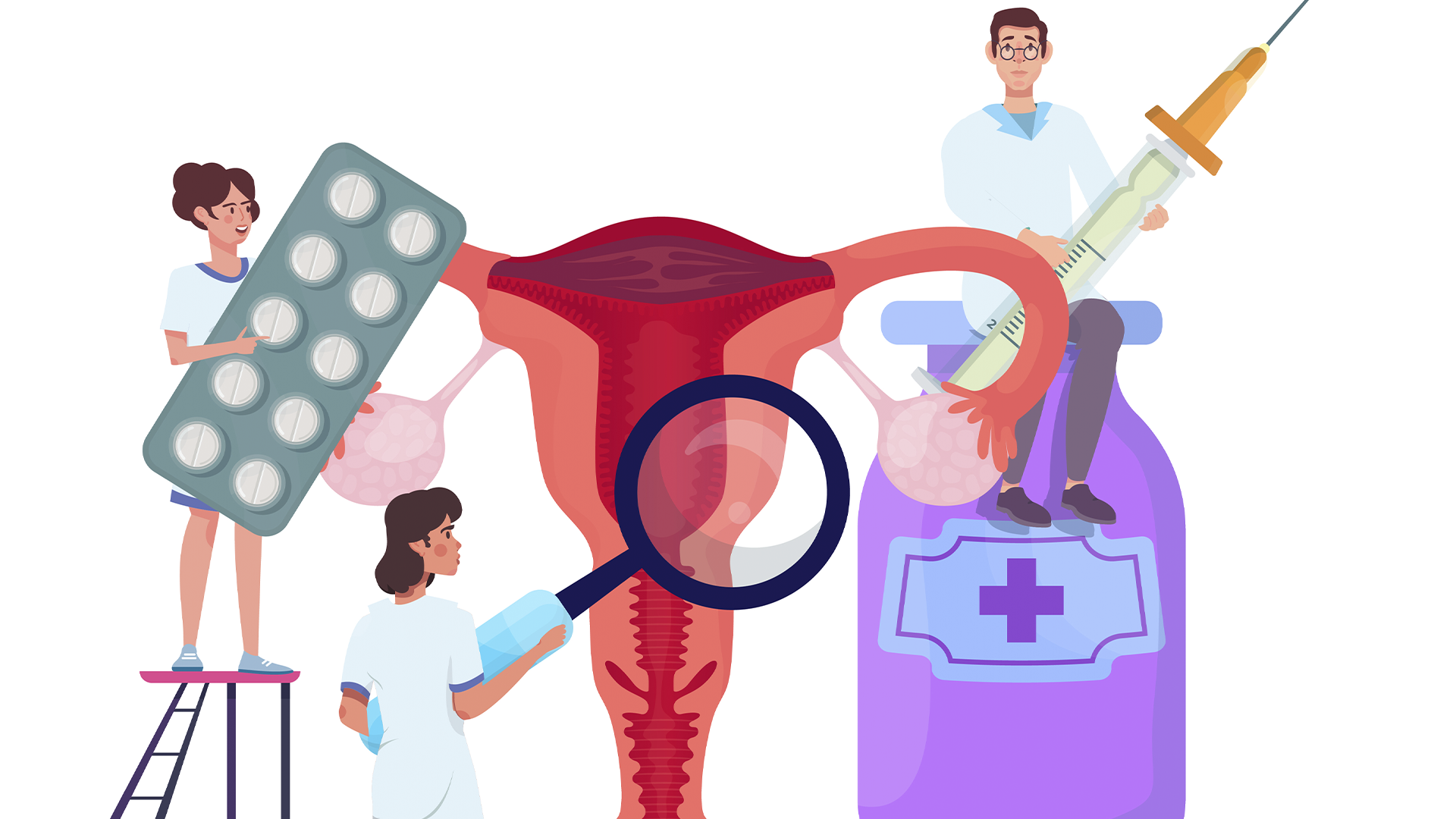 Ilustração do sistema reprodutor feminino com profissionais de saúde, métodos contraceptivos e elementos de cuidados médicos.