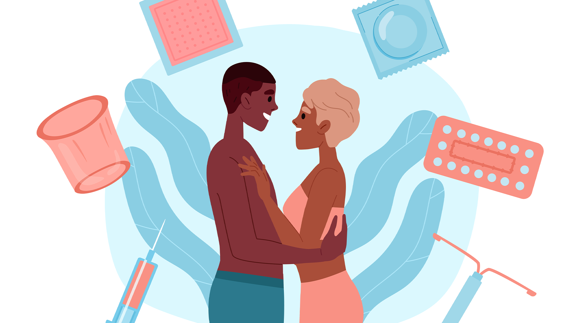Ilustração de casal se abraçando, cercado por métodos contraceptivos e símbolos de saúde e educação sexual.