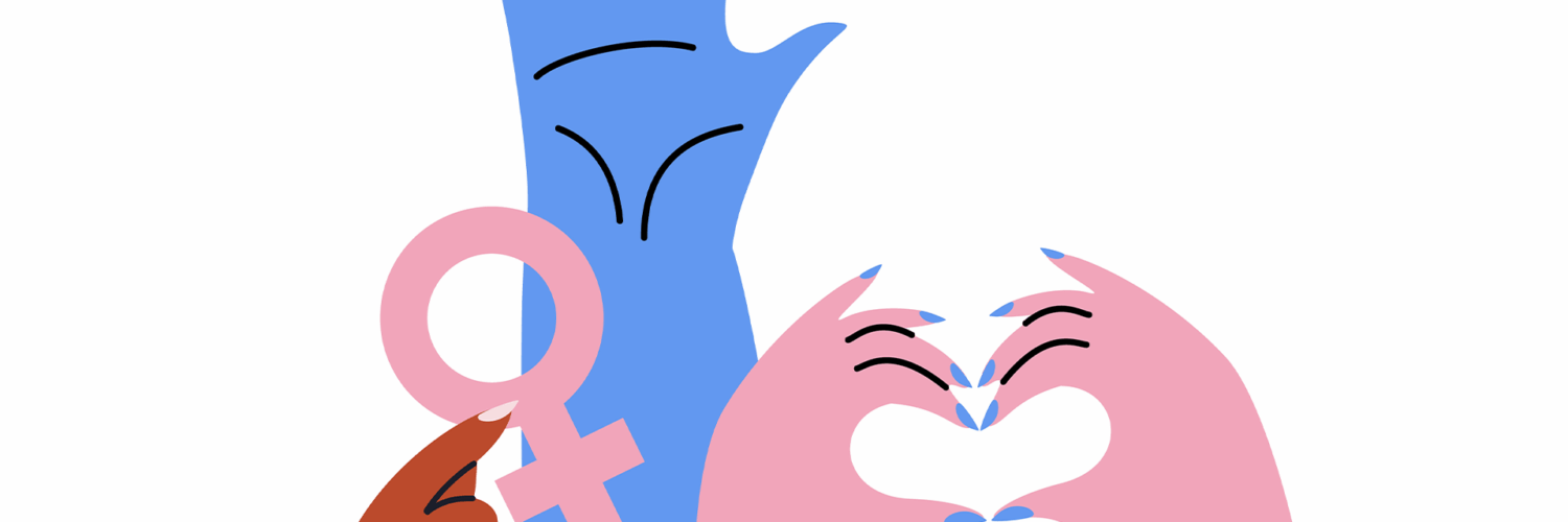 Ilustração com mão azul levantada, um segurando o símbolo de Vênus rosa e mãos rosas fazendo um coração.