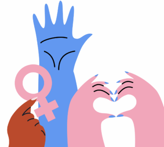 Ilustração com mão azul levantada, um segurando o símbolo de Vênus rosa e mãos rosas fazendo um coração.