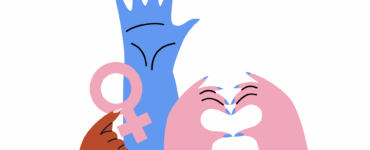 Ilustração com mão azul levantada, um segurando o símbolo de Vênus rosa e mãos rosas fazendo um coração.