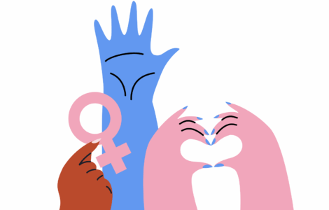 Ilustração com mão azul levantada, um segurando o símbolo de Vênus rosa e mãos rosas fazendo um coração.