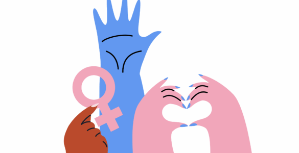 Ilustração com mão azul levantada, um segurando o símbolo de Vênus rosa e mãos rosas fazendo um coração.