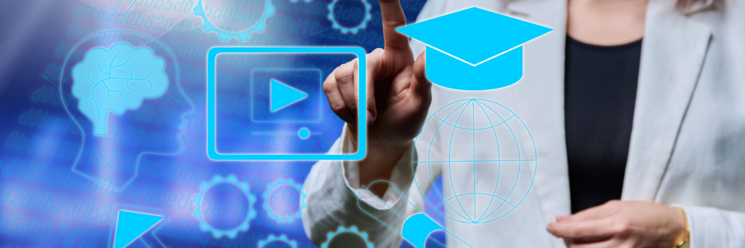 E-learning, teaching, female educator working with virtual digital glowing screen