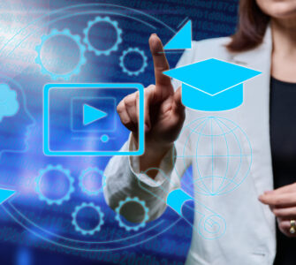 E-learning, teaching, female educator working with virtual digital glowing screen