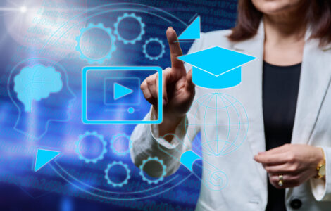 E-learning, teaching, female educator working with virtual digital glowing screen