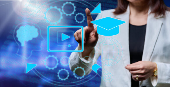 E-learning, teaching, female educator working with virtual digital glowing screen