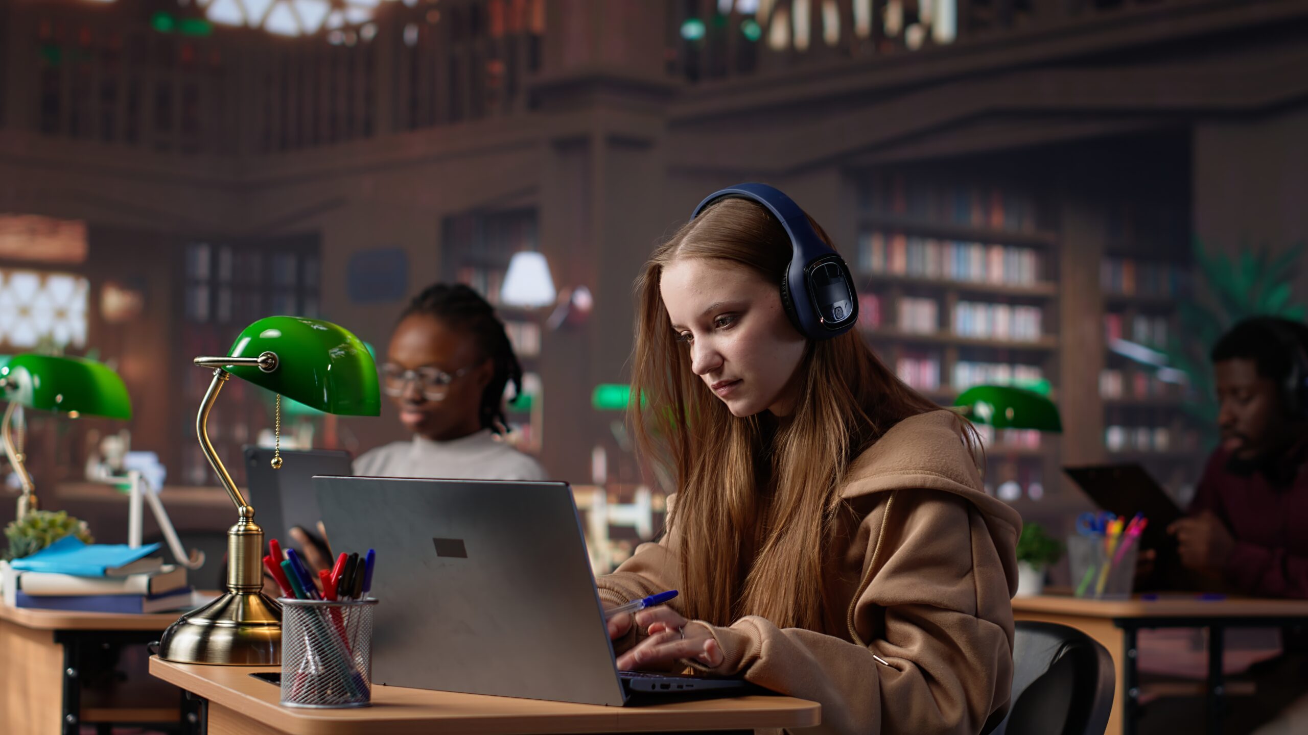 Young girl listening to educational documentary on laptop and takes notes