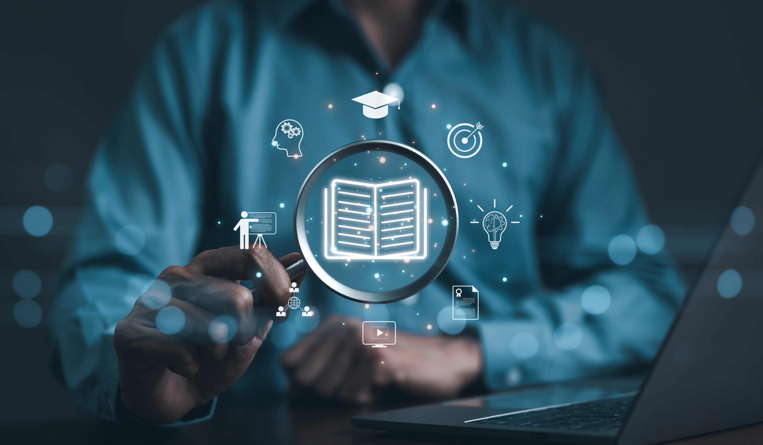e learning concept. Man learning online with webinar. The Internet is used for modern education. seminar meeting, elearning technology, video tutorial, online lessons, digital training study course,