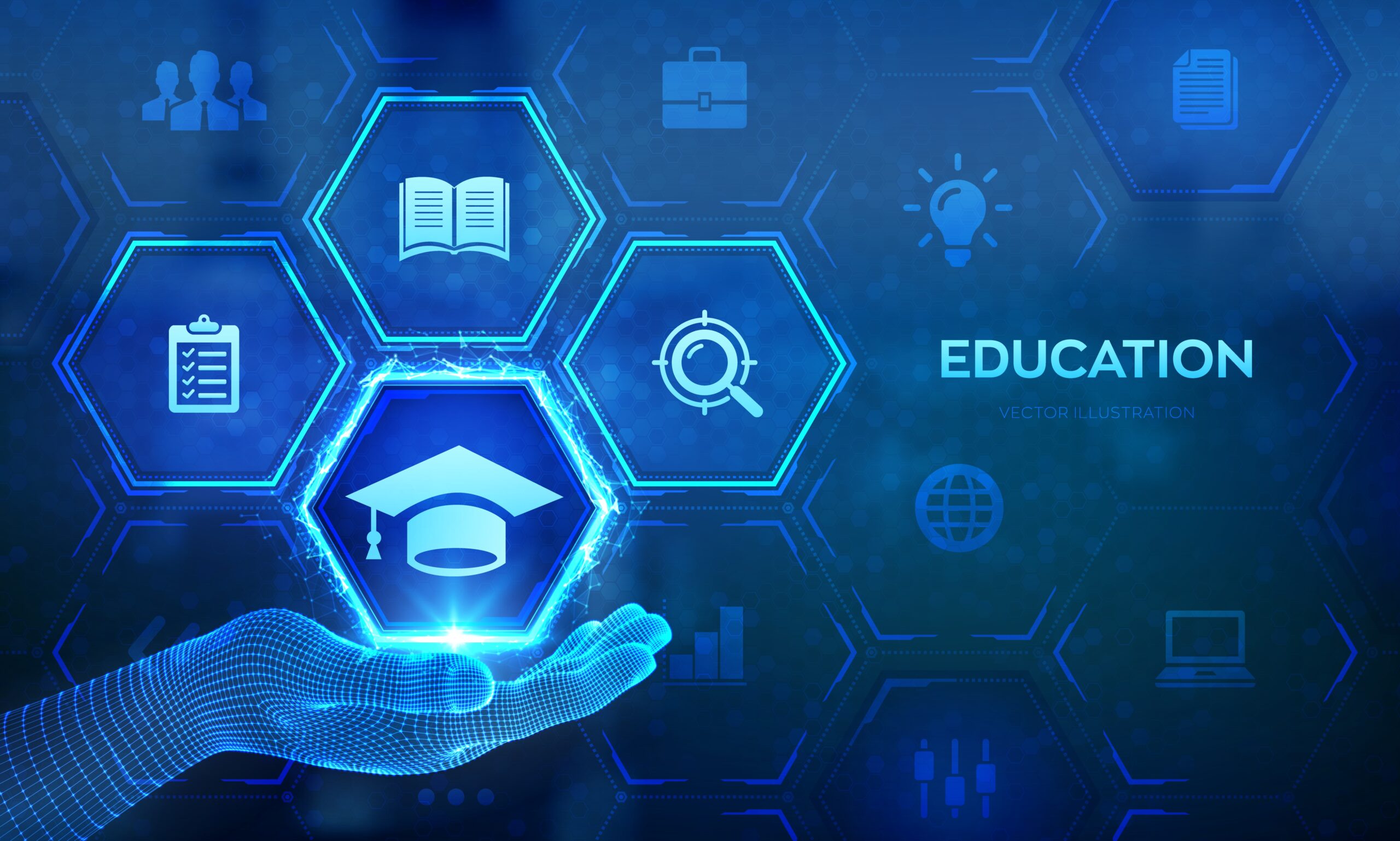 Education technology concept. Innovative online e-learning. Elearning Webinar, knowledge, online training courses. Graduate certificate. Skill development. Education icon in hand. Vector illustration.