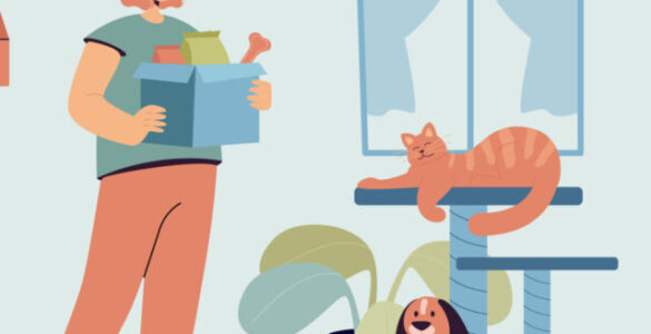 Young cartoon girl working in small petshop