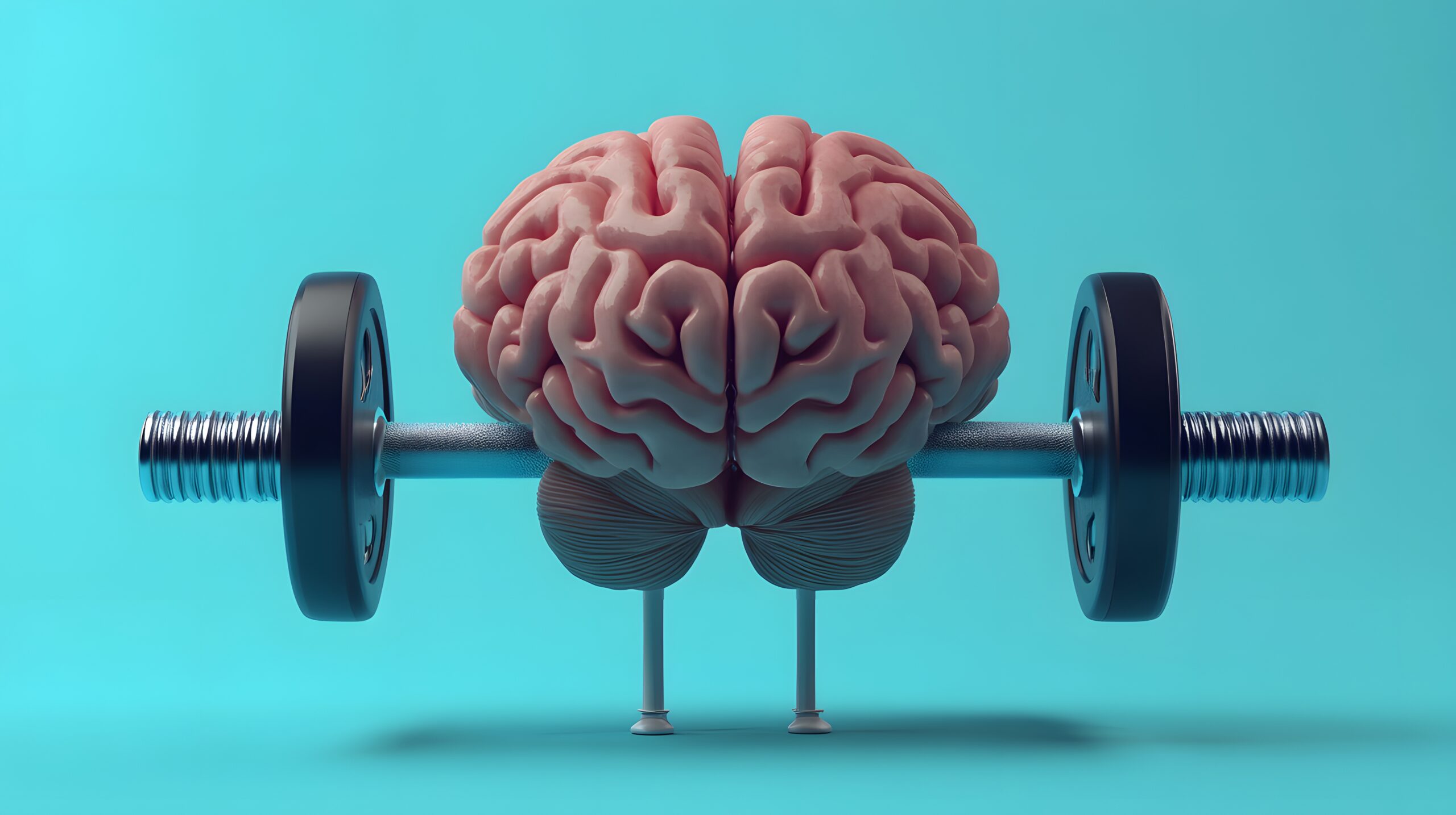 3D render of a human brain lifting weights, against a blue background