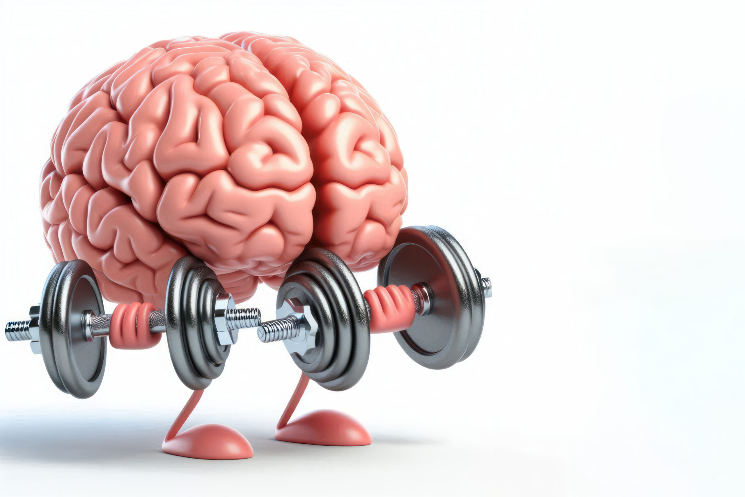 Human brain made lifting a heavy dumbbell Isolated on white background