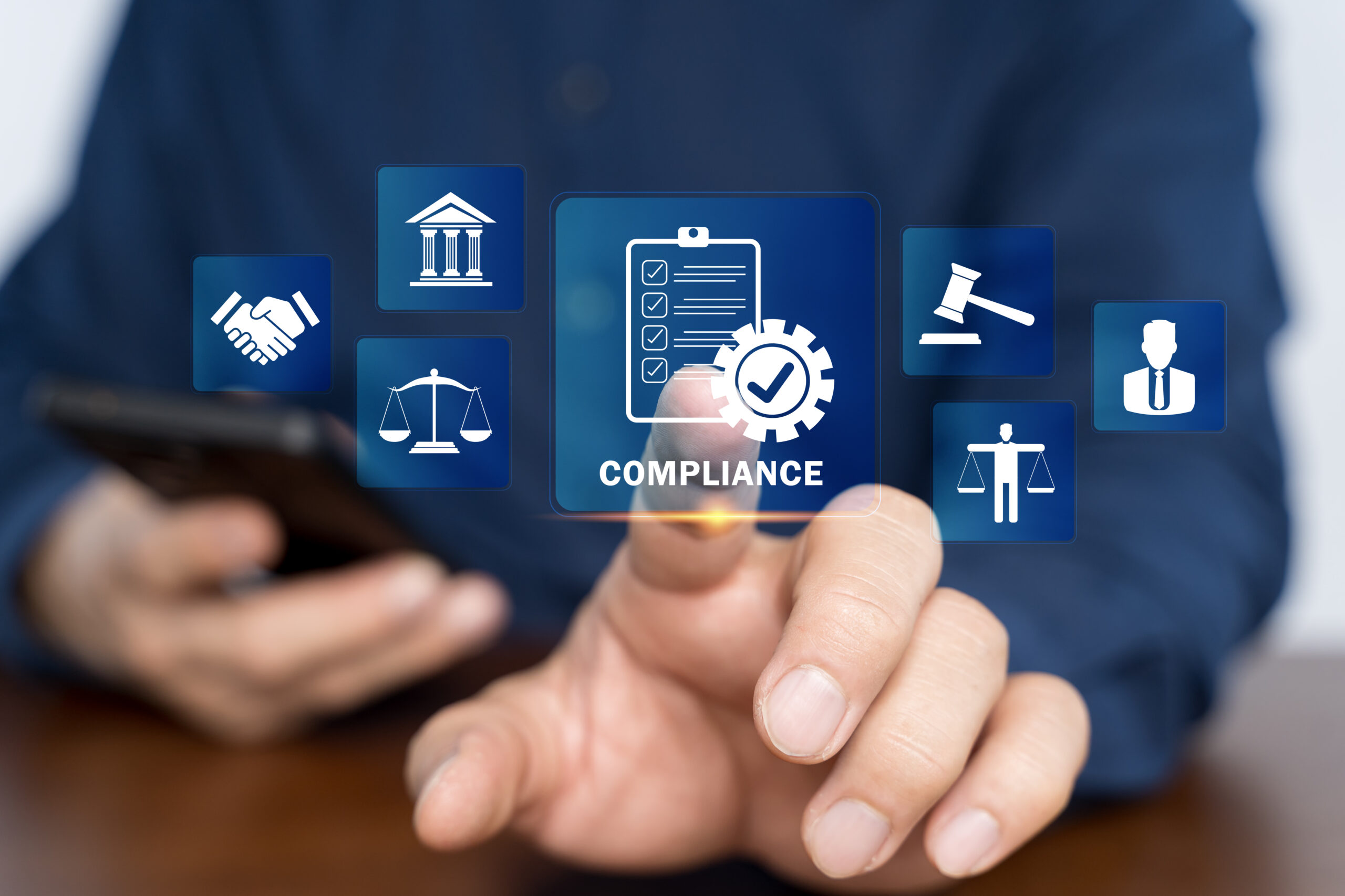 Compliance in business concept. Person use smartphone with compl