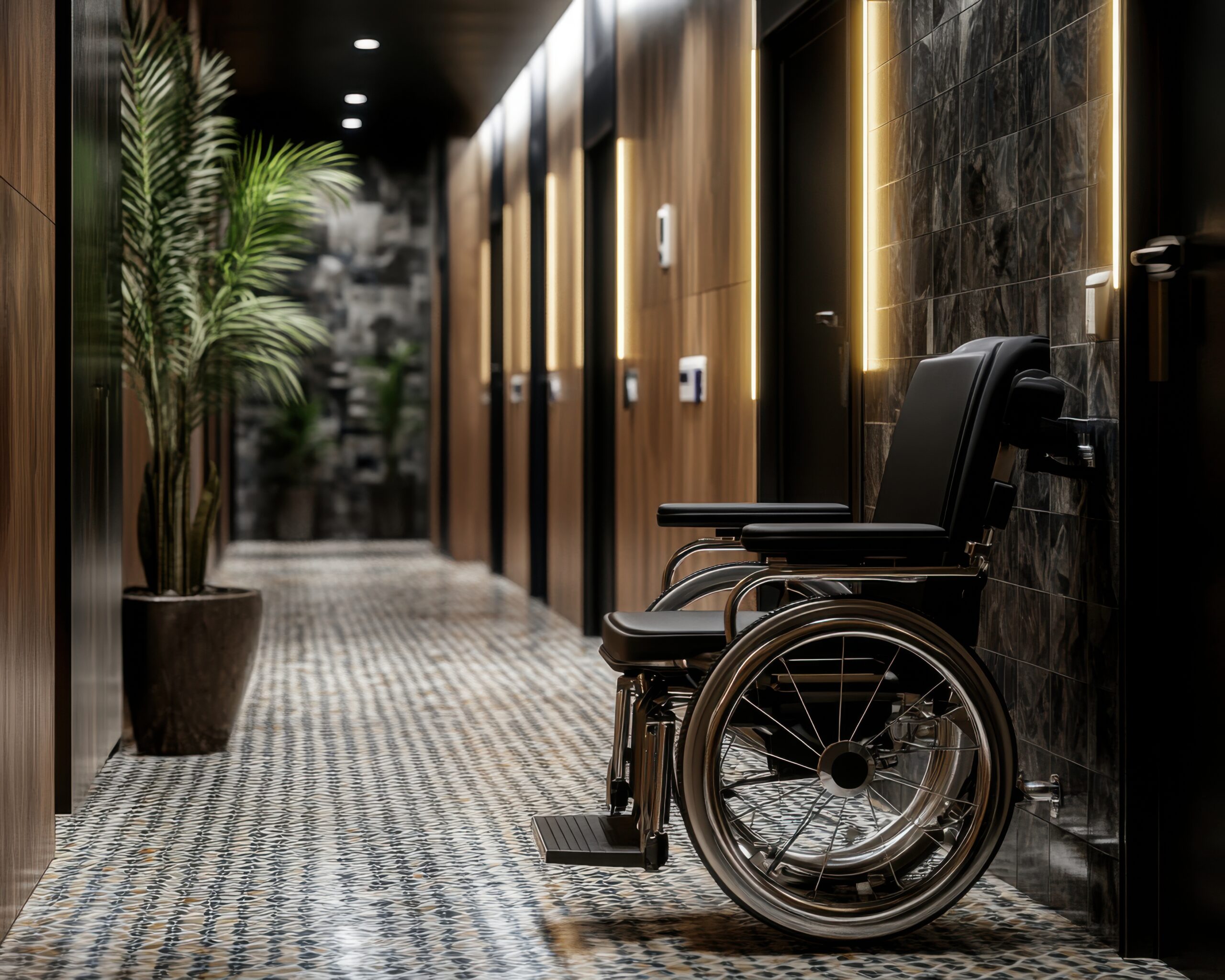 An empty wheelchair stands by the door. Accessible environment